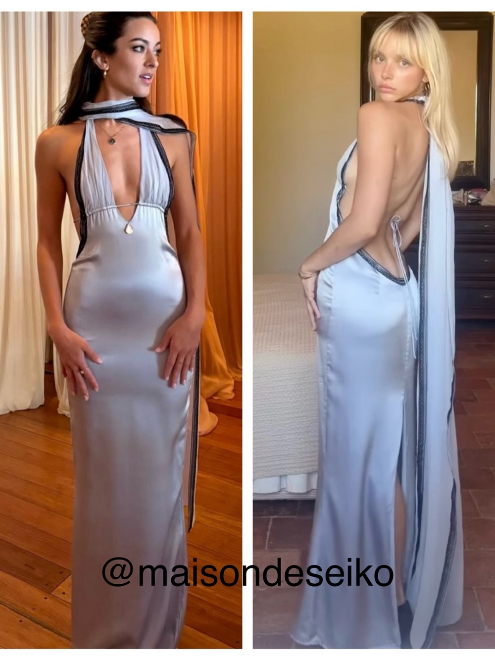 NWT Buci Maxi Dress Stargazer 100% Silk Satin Halter Scarf Light Blue Gray XS